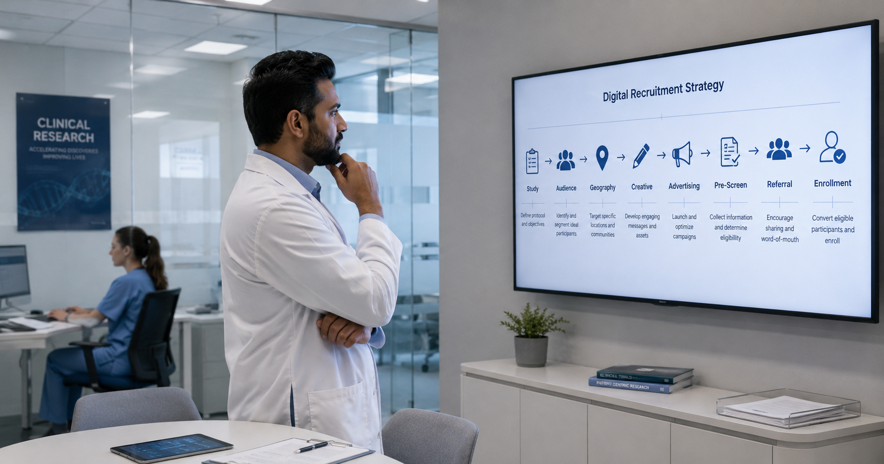 A physician reviewing a digital recruitment strategy displayed on a screen, showing the sequence from Study and Audience through Geography, Creative, Advertising, Pre-Screen, Referral, and Enrollment.