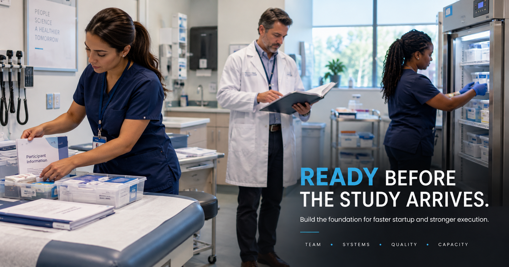 A study coordinator preparing participant information materials in an exam room, a principal investigator reviewing a study binder and a staff member checking refrigerated storage, beside the headline 'Ready before the study arrives.' and the concepts team, systems, quality and capacity.