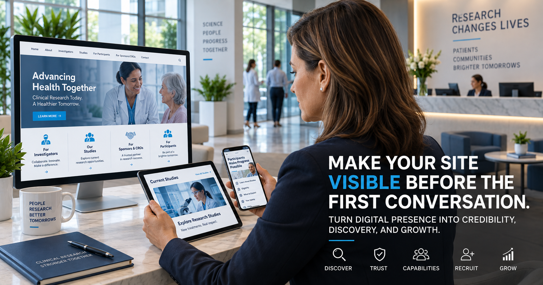 A Site Director in a modern research site lobby reviewing the organization's website across a desktop monitor, tablet and smartphone, with separate paths for investigators, current studies, sponsors and CROs, and participants, beside the headline 'Make your site visible before the first conversation.'