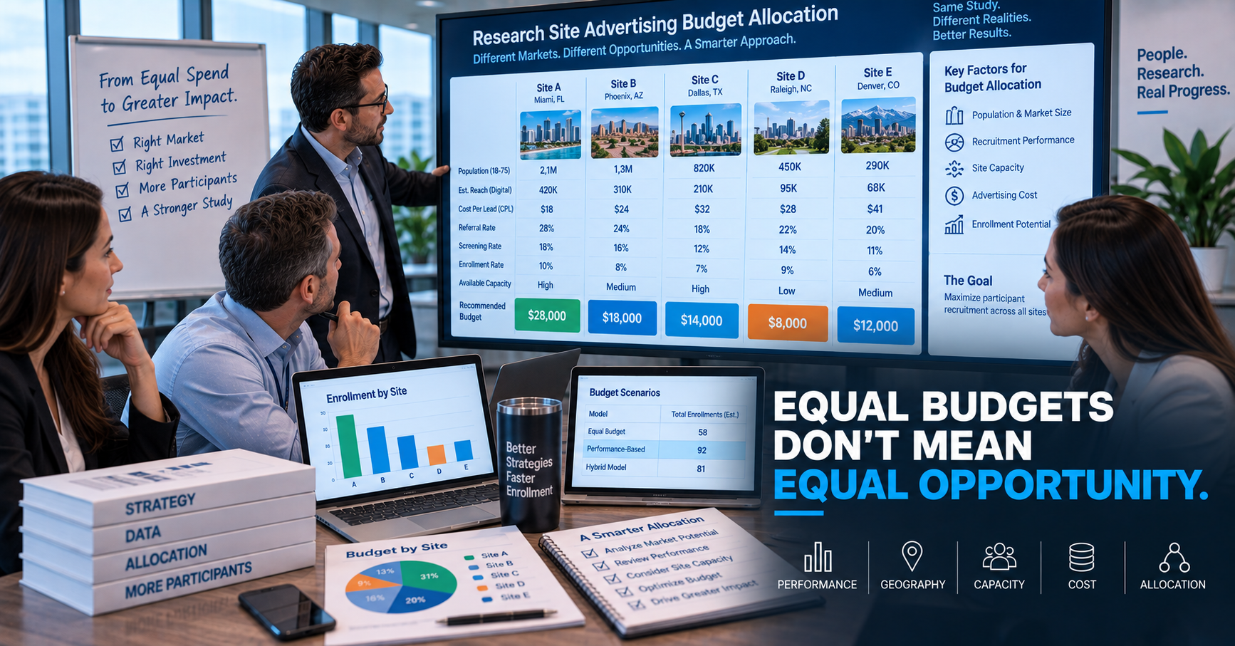 A CRO budget planning room where a team reviews a Research Site advertising allocation dashboard comparing population, cost, referral rate, and recommended budget across five Sites.