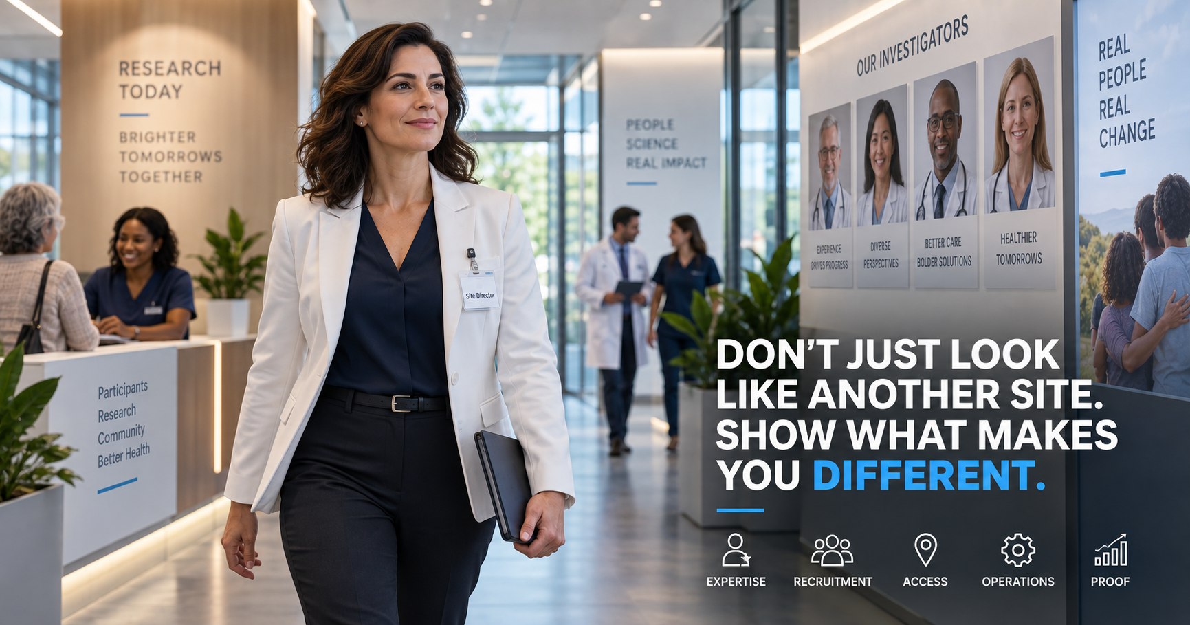A Site Director in a white blazer walking through a modern research site corridor past a reception desk, an 'Our Investigators' wall and busy clinical staff, beside the headline 'Don't just look like another site. Show what makes you different.' and the concepts expertise, recruitment, access, operations and proof.