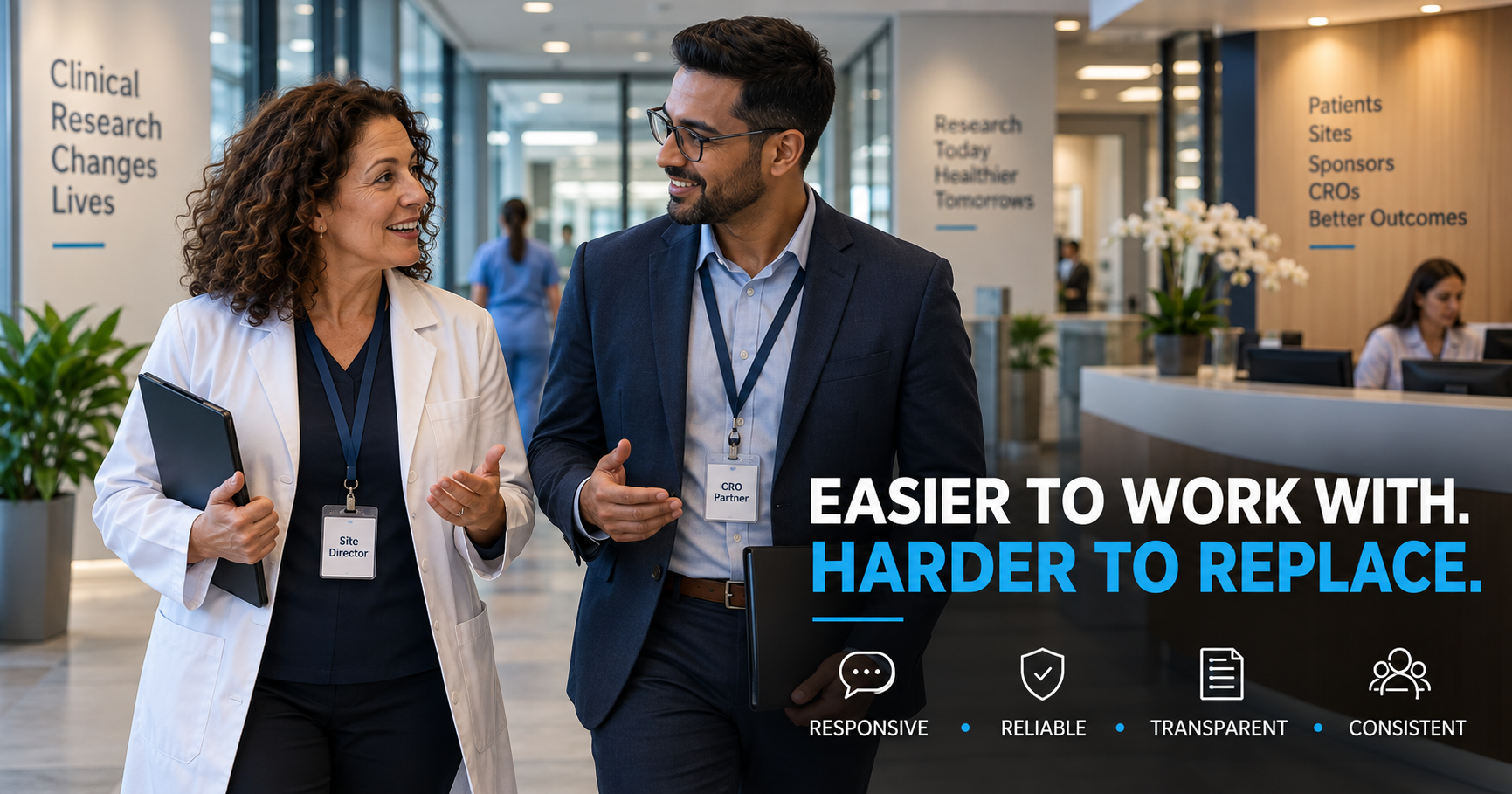 A Site Director in a white coat and a CRO partner in a navy suit walking together through a research facility lobby in relaxed conversation, beside the headline 'Easier to work with. Harder to replace.' and the concepts responsive, reliable, transparent and consistent.