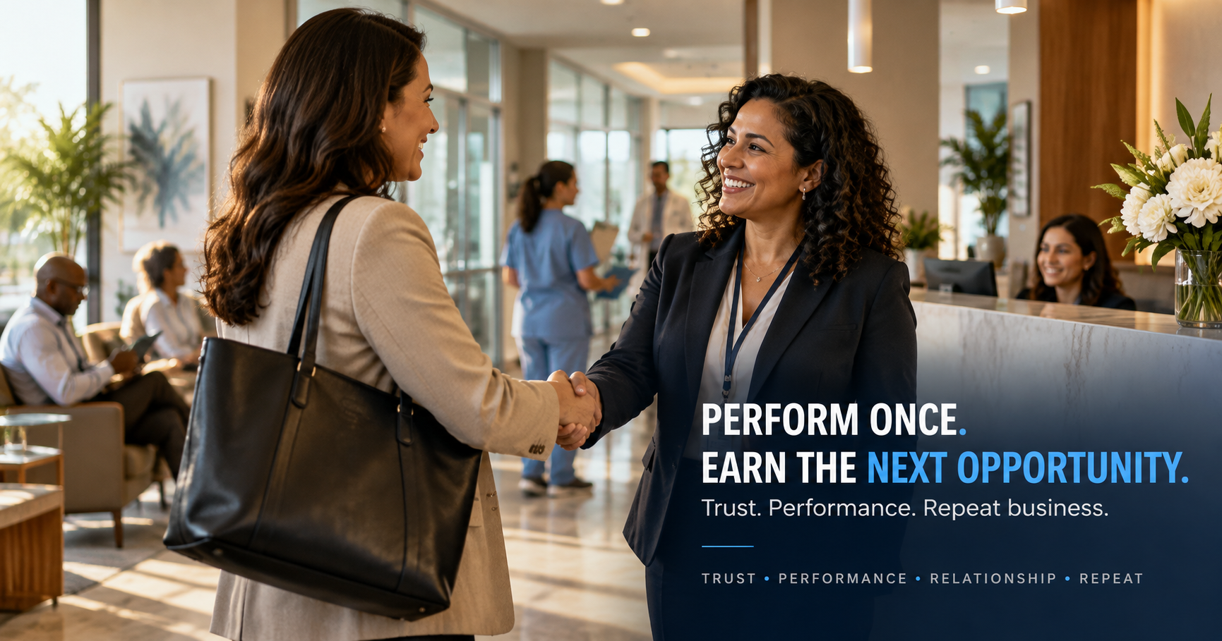 A Site Director warmly shaking hands with a returning Sponsor or CRO representative at the entrance of a research site, with clinical activity visible in the background, beside the headline 'Perform once. Earn the next opportunity.' and the concepts trust, performance, relationship and repeat.