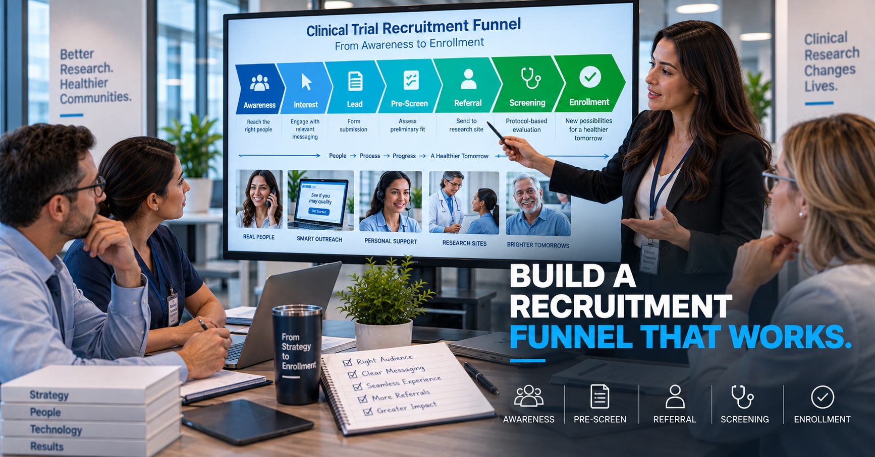 A clinical research recruitment operations team reviewing a structured participant journey funnel in a planning workspace.