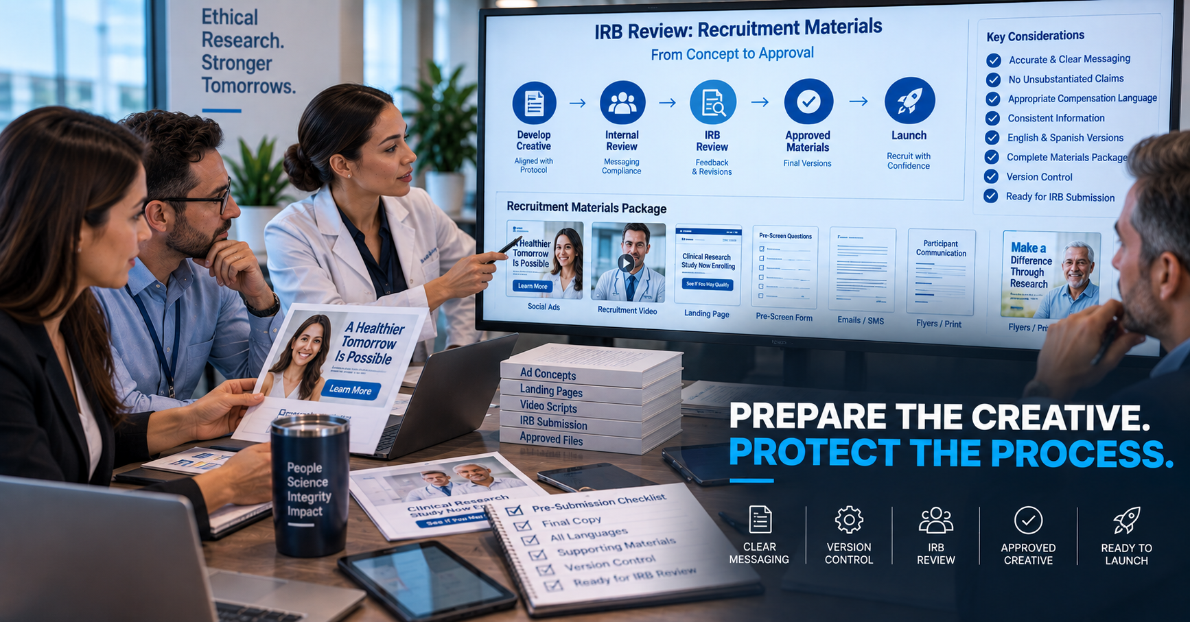 A clinical research marketing team reviewing several recruitment assets on screens and tablets around a conference table before IRB submission.