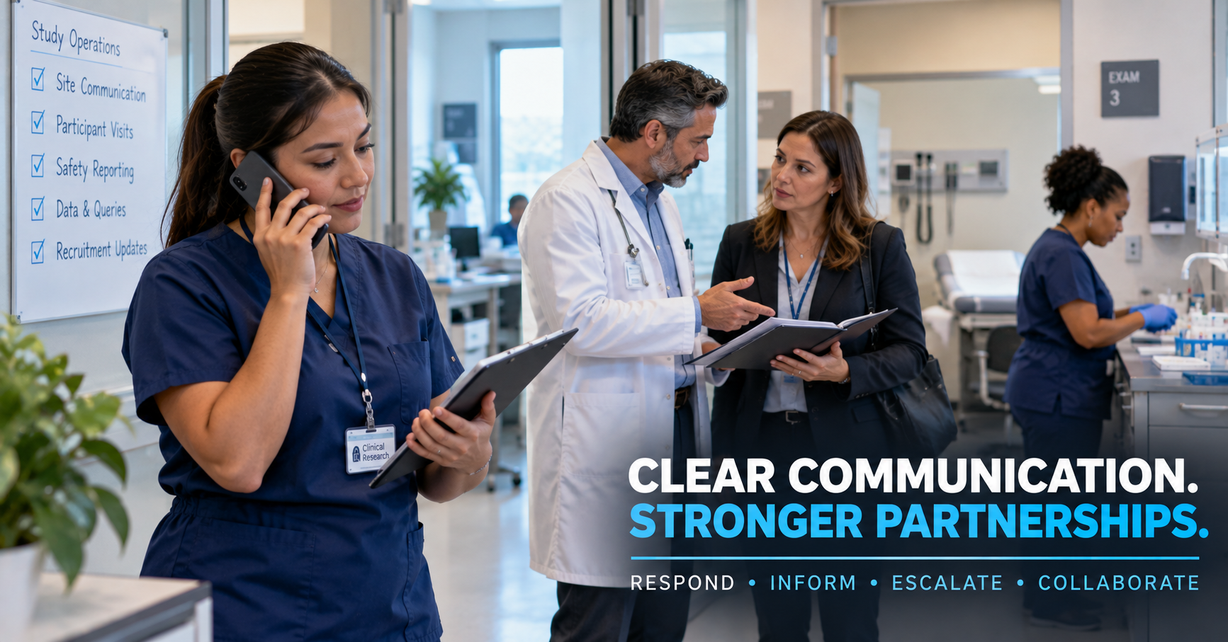 A study coordinator on a phone call in a clinical corridor, a principal investigator speaking with a visiting monitor, and a staff member preparing an exam room, beside the headline 'Clear communication. Stronger partnerships.' and the concepts respond, inform, escalate and collaborate.