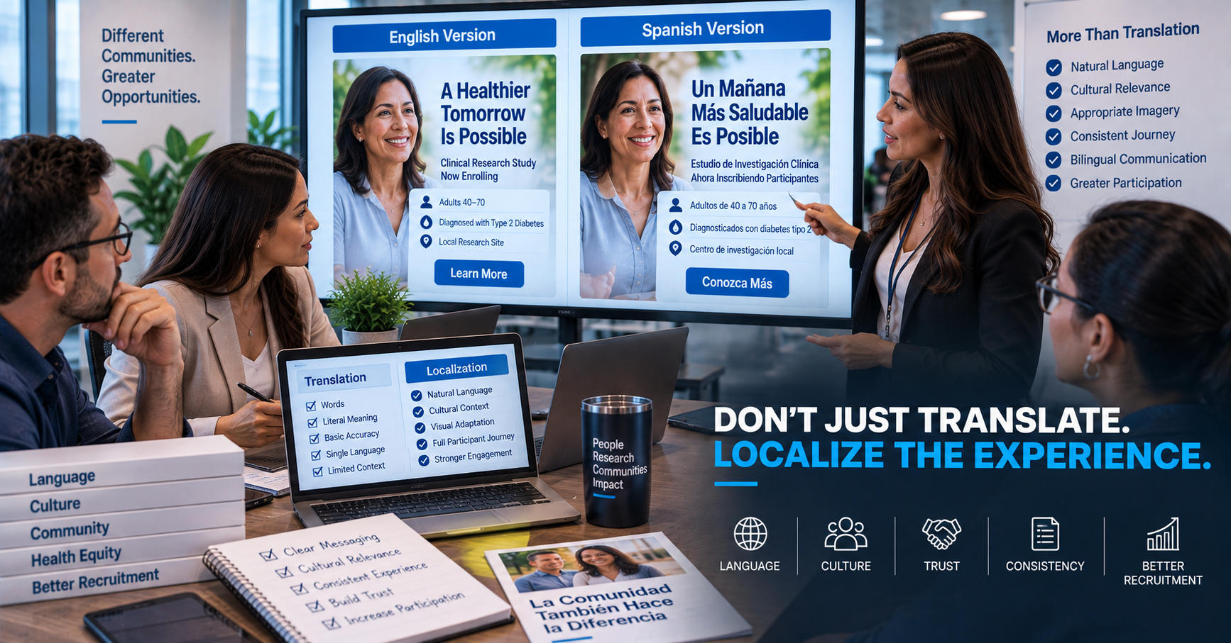 A bilingual creative review room where an English and a Spanish clinical trial recruitment campaign are being reviewed side by side.